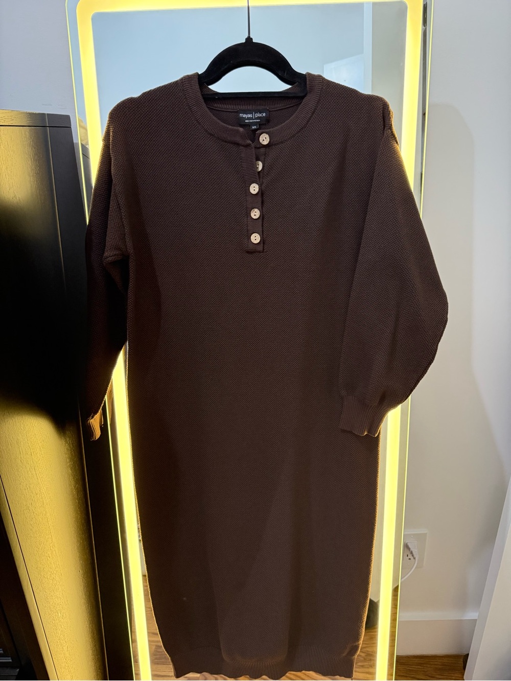 Long Sleeve Brown Knit Henley Dress